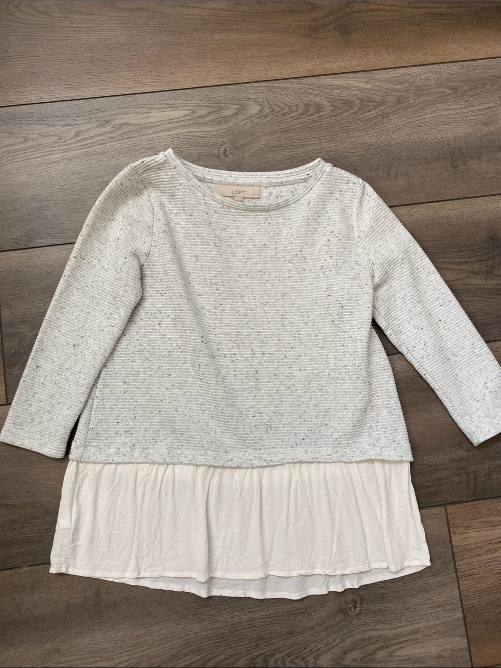 LOFT Gray Layered Knit Top with Cream Hem